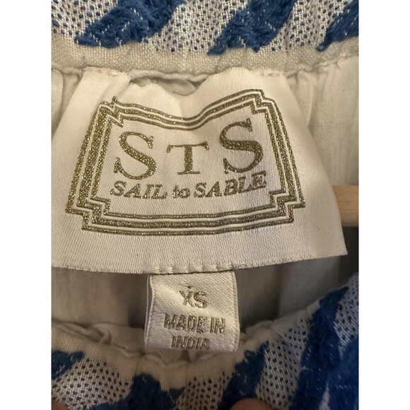 SAIL to SABLE Geo Stripe Ruffle Neck Dress 100% Cotton‎ Blue White Size XS EUC - Picture 5 of 11